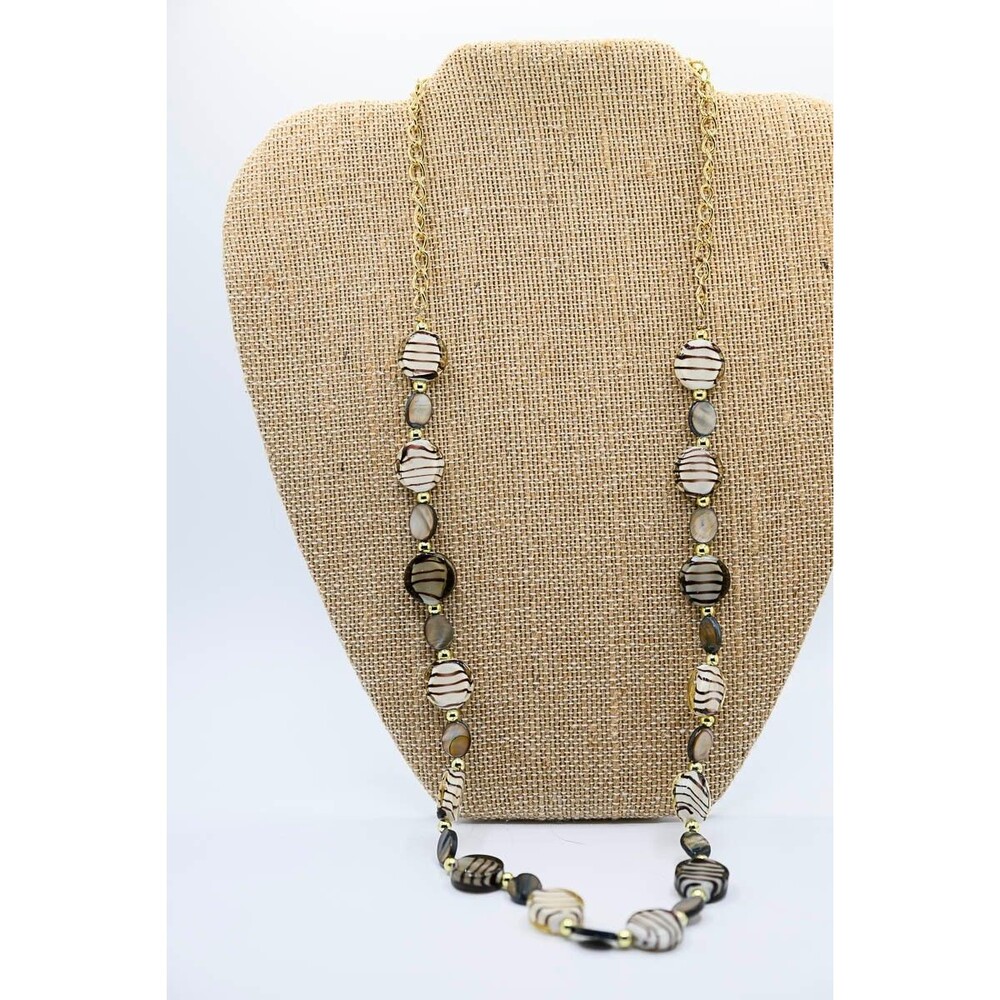 Necklace Black White Swirl Glass Disc Beaded MOP Gold tone Artisan Opera long 24